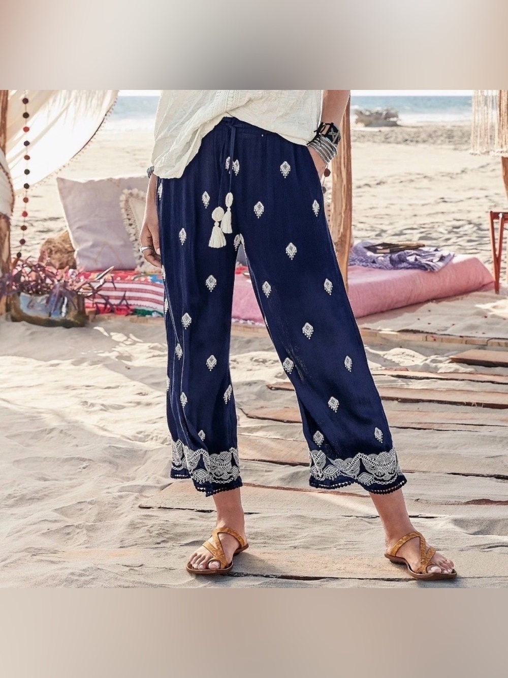 SUNDANCE Le Meridien Embroidered Pull-On Pants Navy Wide Leg xs